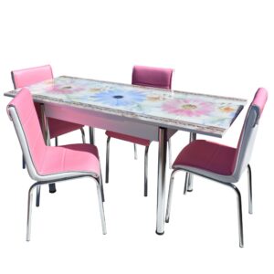 SET MASA STICLA Nr57 PEMBE MAVI CICEK