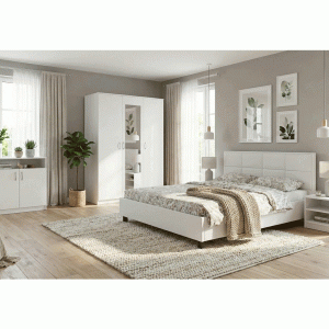 Dormitor Soft Alb cu pat tapitat
